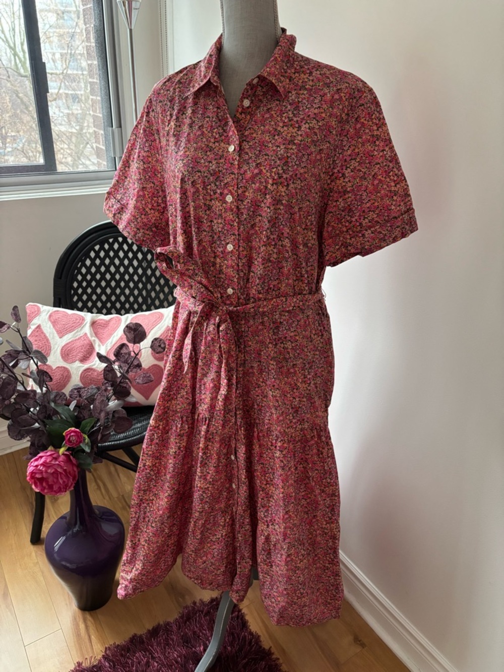 Simons - Liberty - Floral Tie-Waist Shirt Dress in Pink